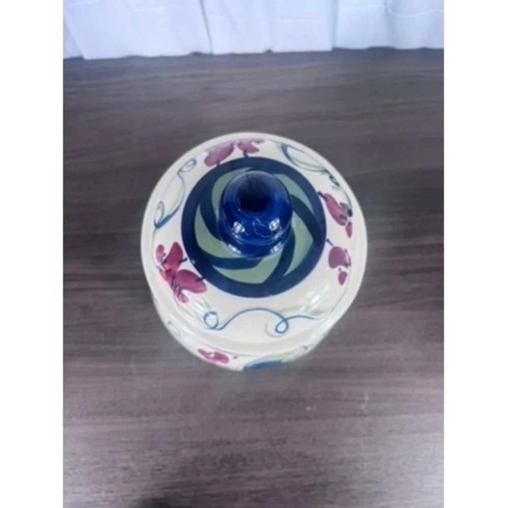 Gail Pittman 1994 Hand Painted Lidded Canister Blue & Floral Art‎ Pottery